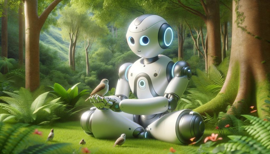 Prompt: A large, friendly AI robot in a natural setting, surrounded by a peaceful forest. The robot has a sleek, modern design but with a warm, inviting appearance, featuring soft curves and a gentle face. It's interacting with small animals or birds, highlighting a harmony between technology and nature. The background is lush greenery, giving the scene a tranquil and serene atmosphere.